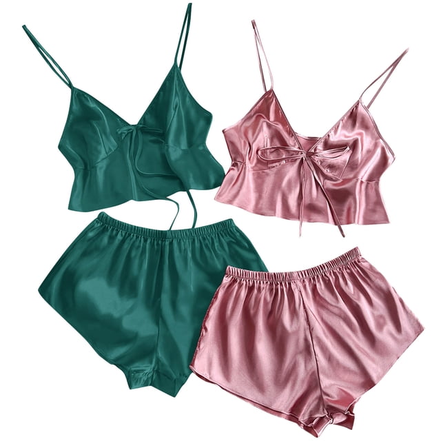 Birdeem 2Pcwomens Solid Suspender Lace Splicing Shorts Pajamas Set