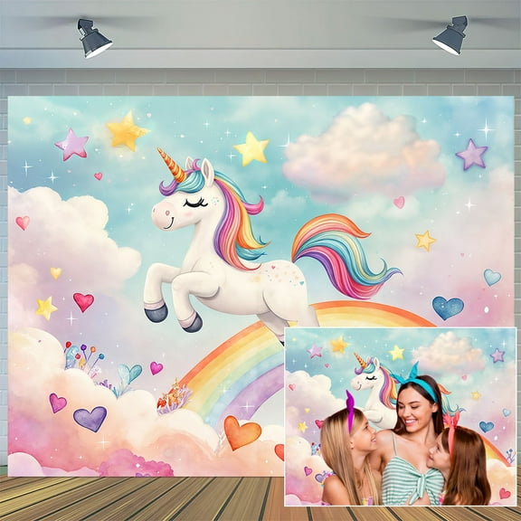 5x3ft Unicorn Birthday Backdrop Princess Rainbow Unicorn Birthday Party Decorations Banner Girls Birthday Wall Decor Pastel Castle Unicorn Fairy Tale Style Cake Table Banner Supplies Studio Props