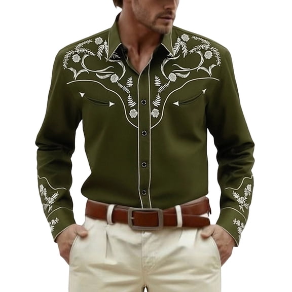 Western Embroidered Long Sleeve Casual Shirts for Men Western Cowboy Print Festival Everyday Button Down Top Army Green L