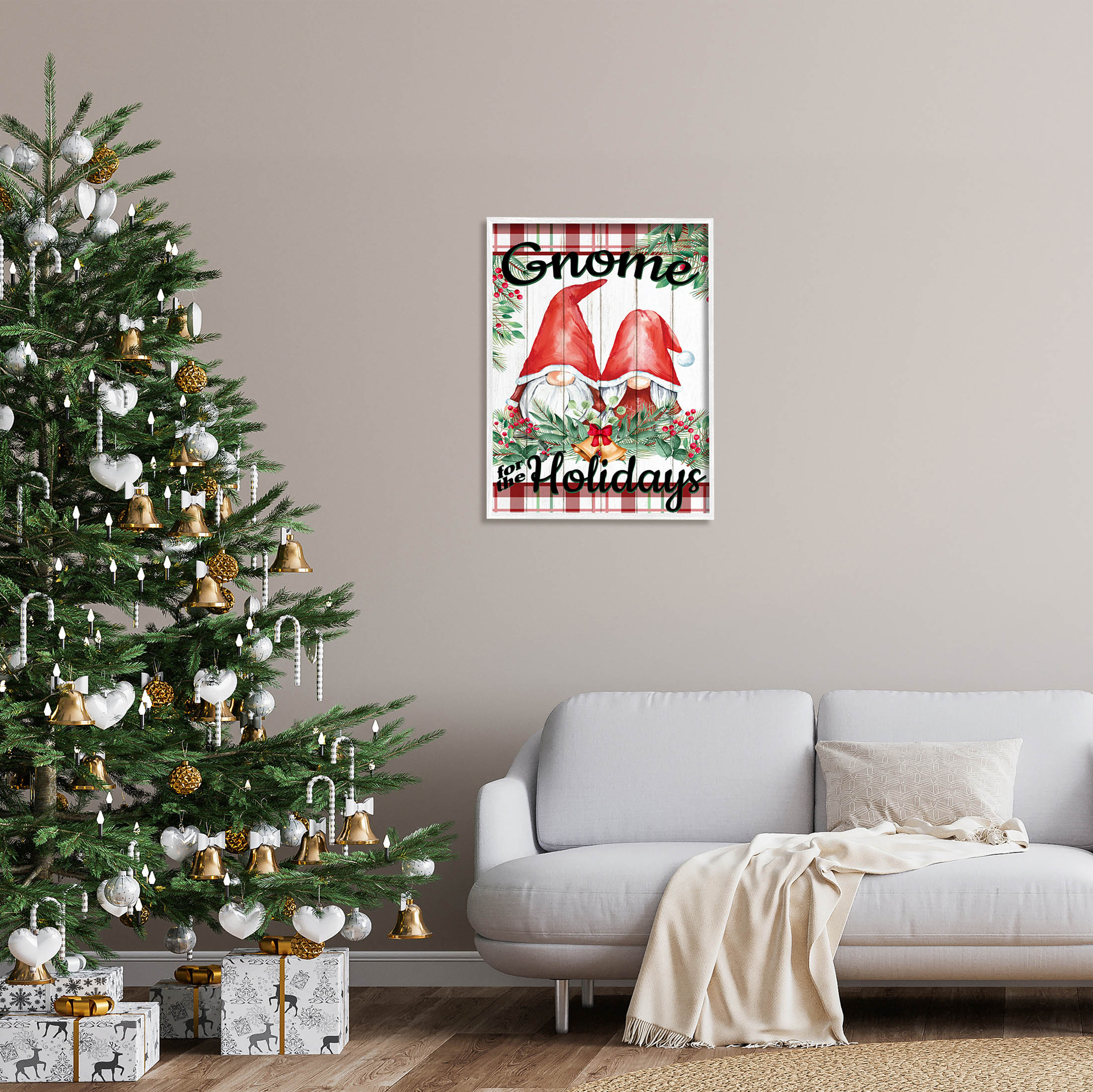 Stupell Industries Gnome For The Holidays Plaid Graphic Art White Framed Art Print Wall Art, Design by Kim Allen
