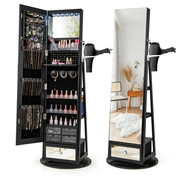 Giantex 360° Swivel Jewelry Cabinet, Standing Jewelry Armoire Organizer w/LED Light, Full Length Mirror & Dressing table, Black