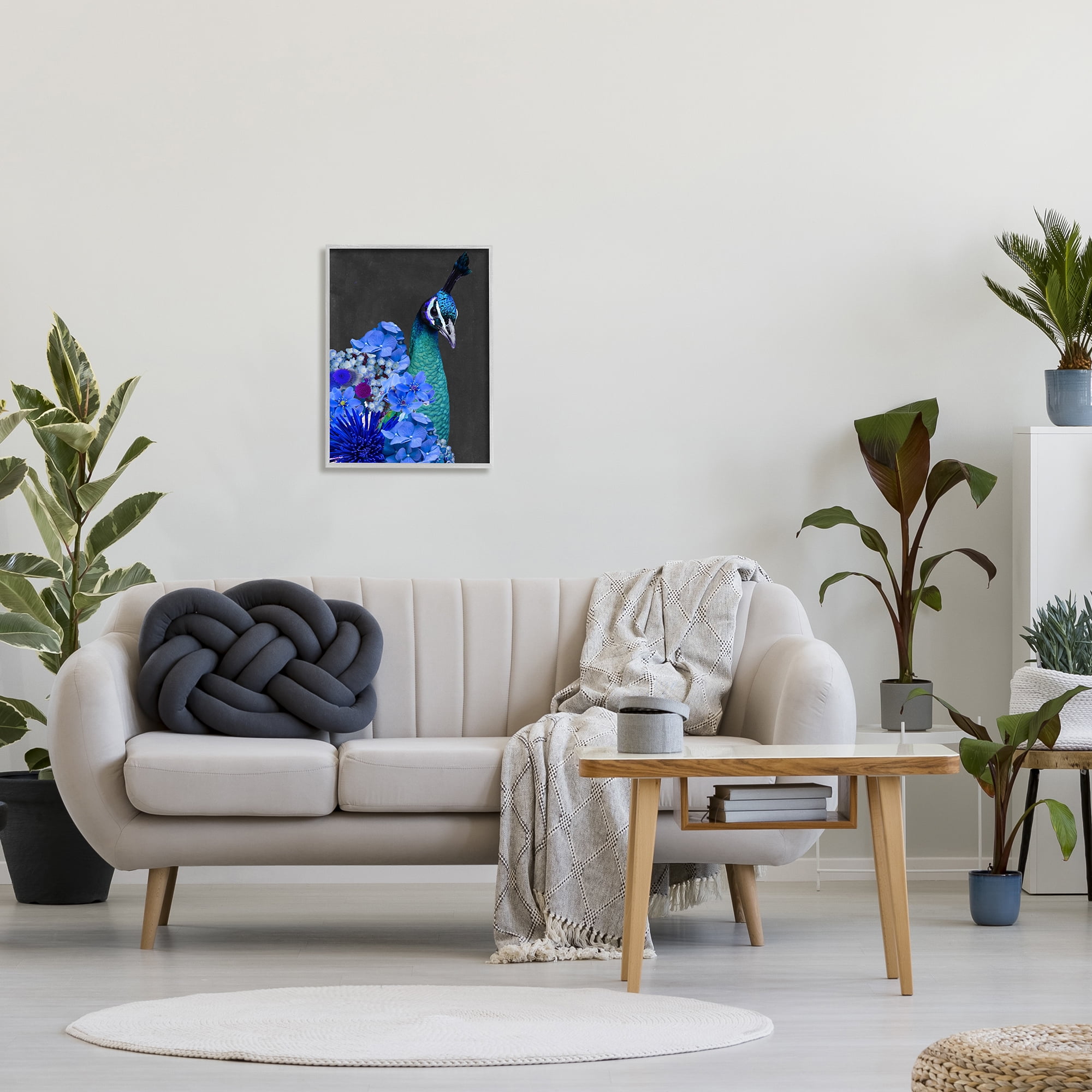 Stupell Industries Peacock with Blue Flowers Animals & Insects Painting Gray Framed Art Print Wall Art, 16 x 20