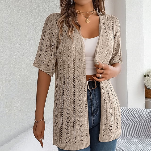 asjyhkr Womens Crochet Cardigan Sweater Short Sleeve Lightweight Open Front Cover up Summer Beach Knit Cardigans
