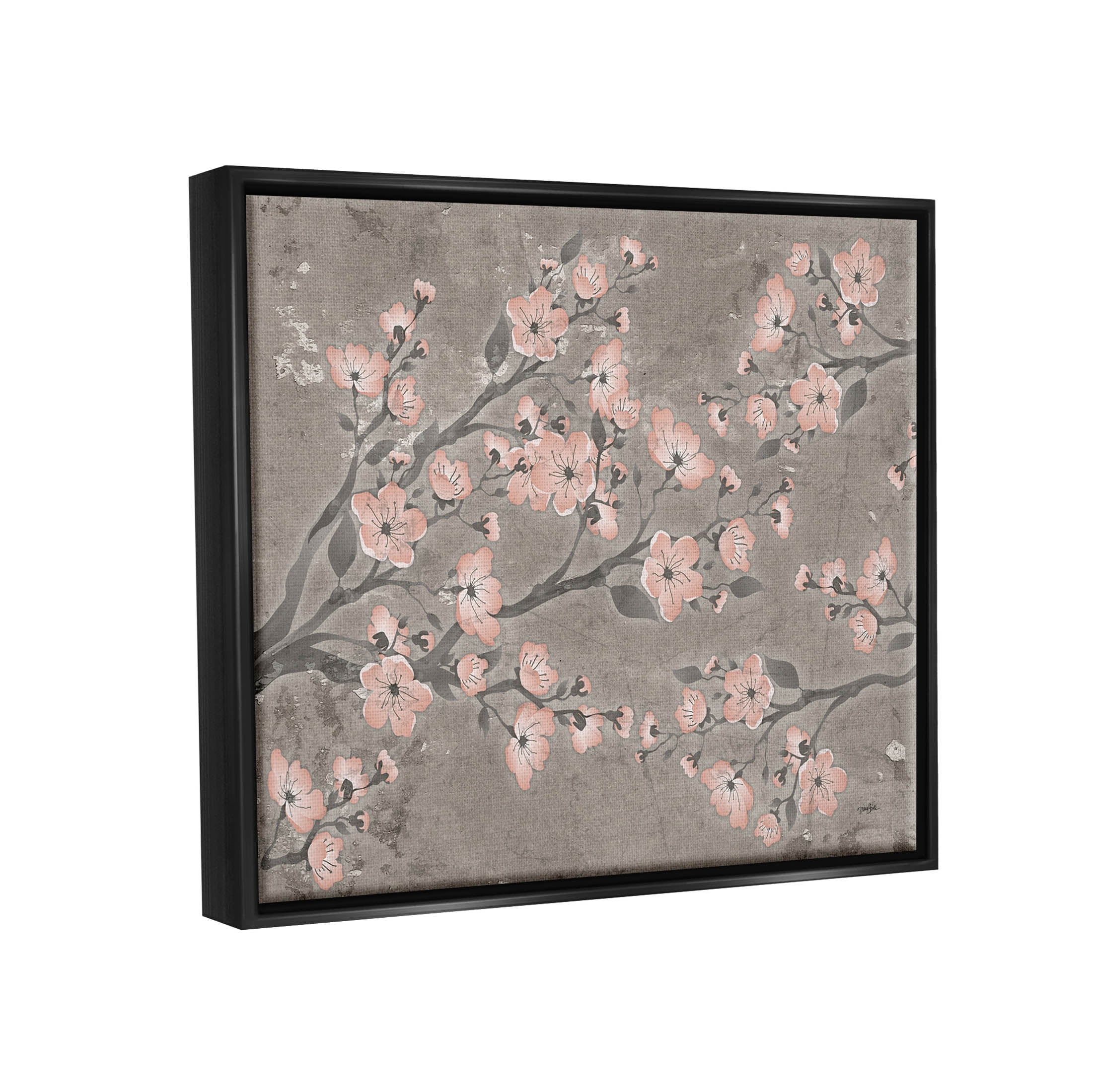 Stupell Industries Cherry Blossom Pattern Composition Graphic Art Jet Black Floating Framed Canvas Print Wall Art, Design by Diane Stimson
