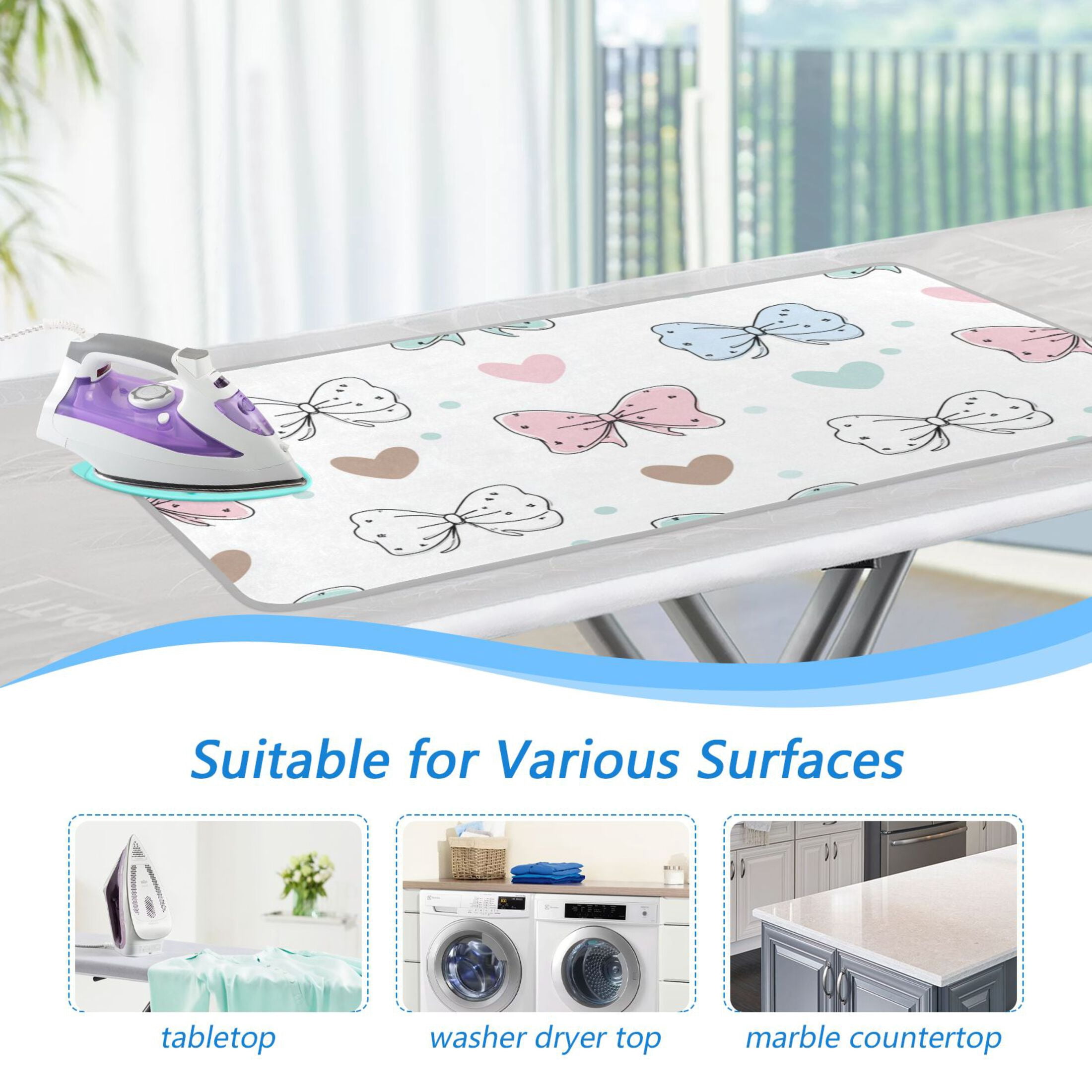 Adorable Bows Hearts Dots Valentine Ironing Mat Blanket Portable Travel Ironing Pad Heat Resistant Pad 47.2" x 27.6”