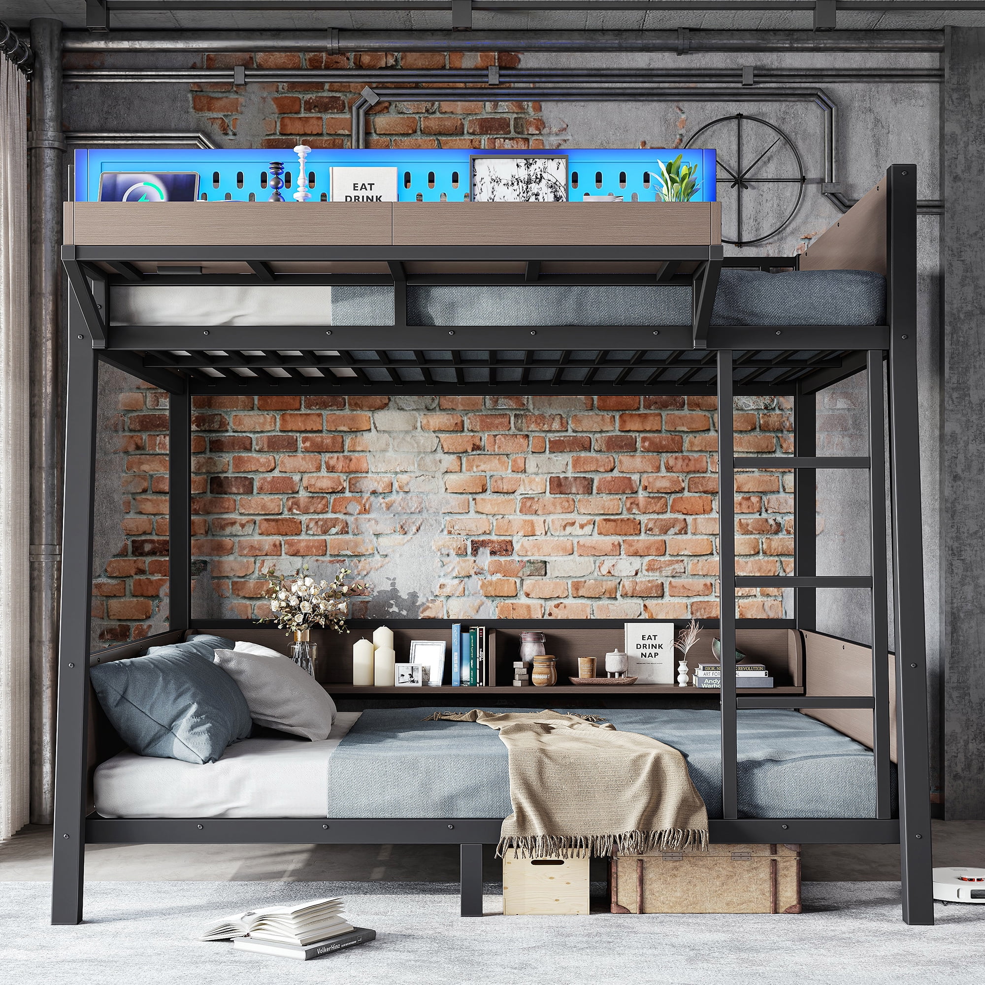 HOQBN Bunk Bed Twin Size with Storage Shelves,Metal Bunk Bed Frame with LED Light and USB Ports,Black