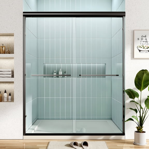 Matte Black Sliding Shower Door, 44-48" W x 72" H, 1/4" (6mm) Tempered Glass, Aluminum Frame, Stainless Steel Handrail, Modern Walk-In Shower Doors