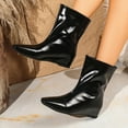 thumbnail image 3 of Wide Calf Boots for Women Plus Size Fashion Square Toe Slip on Hidden Wedge Mid Calf Booties Stitching Leather Pull on Ankle Booties Black 6, 3 of 5