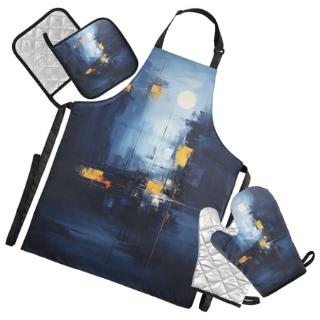 Abstract Oil Moonlight Cityscape 5 Pcs Kitchen Set Heat Resistant Oven Mitts and Non-Slip Pot Holders with Adjustable Cooking Apron