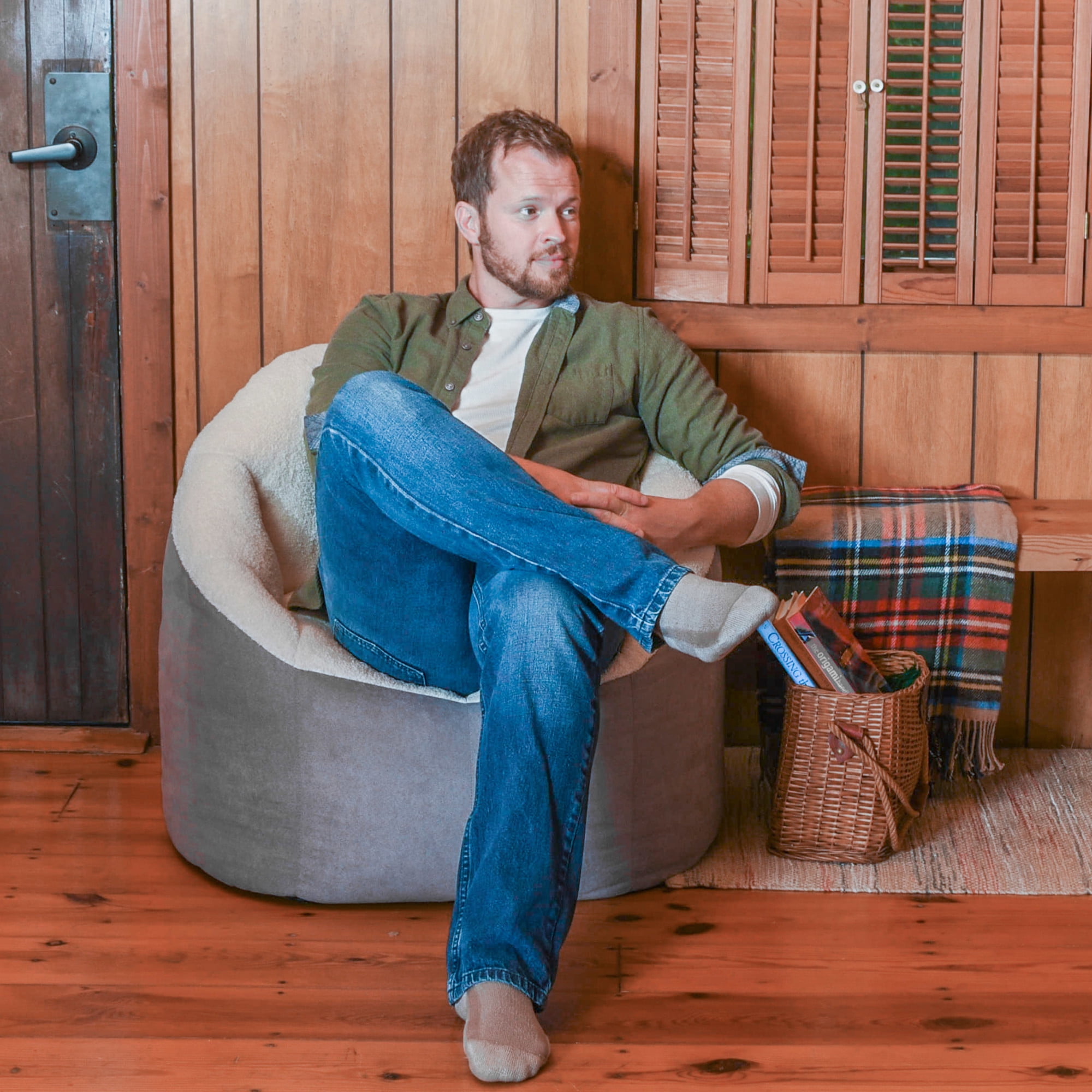 Big Joe Milano Adult Bean Bag Chair, Oat Sherpa and Graphite, Vegan Suede, 2.5 feet