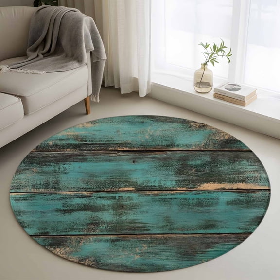 Teal Brown Wood Print Round Area Rug 3 FT, Small Kitchen Bathroom Mats, Farmhouse Vintage Plank Washable Indoor Outdoor Throw Runner Carpet Non-Shedding Doormat for Table Shower Sofa Entryway