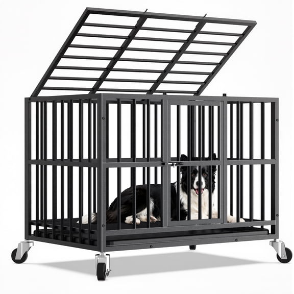 Time Ray 38 inch Dog Crate for Medium Dog with Steel Escape Proof,Heavy Duty Indestructible Dog Kennel with Double Doors,Lockable Wheels and Removable Tray,Black
