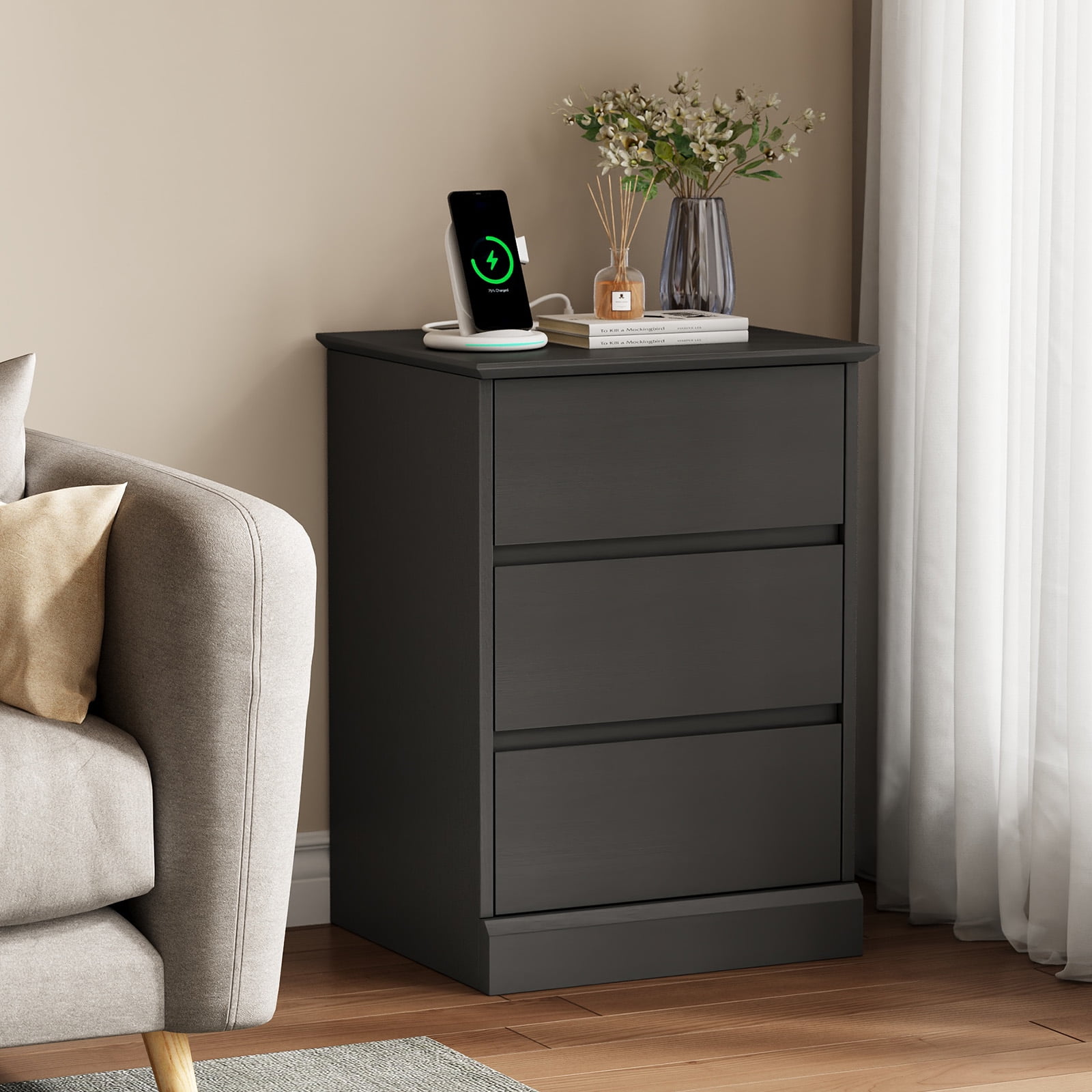 Black Nightstand,3 Drawers Nightstand with Charging Station, Bedside Table with Storage for Living Room Bedroom
