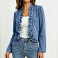 thumbnail image 6 of Womens Ruffle Trim Denim Jackets Long Sleeve Cropped Top Coat Open Front Trendy Jean Coats Everyday Outfits, 6 of 8