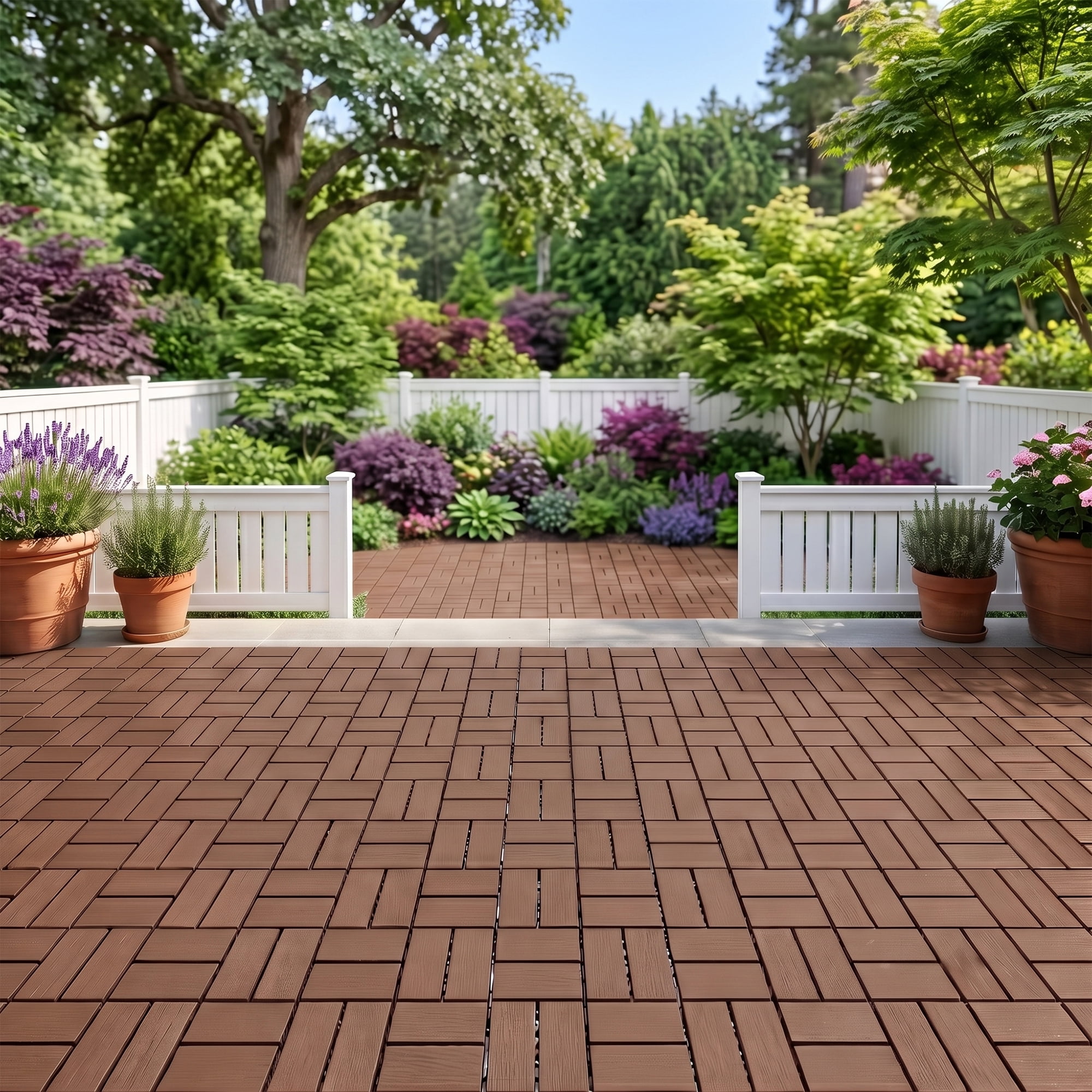 Interlocking Deck Tiles 12x12 in, Waterproof Non-Slip Outdoor Patio Flooring with Drainage Design, Snap Together Tiles for Poolside Porch Garden Backyard, Brown, 44pcs