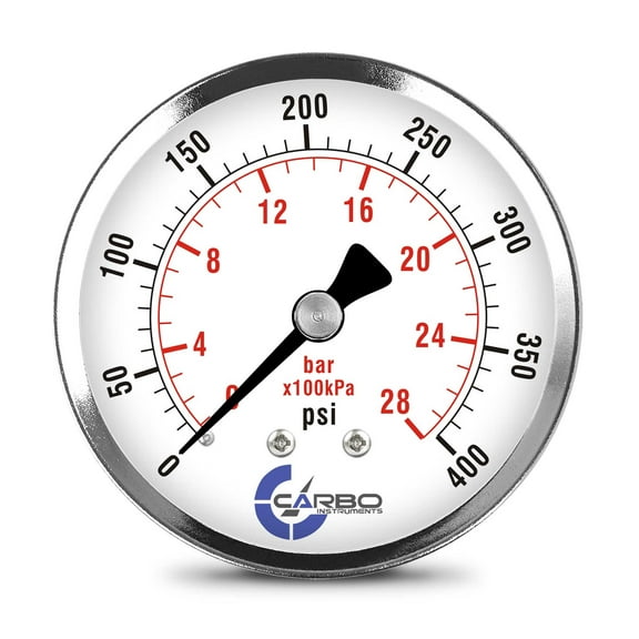 CARBO Instruments 2- 1/2" Pressure Gauge, Chrome Plated Steel Case, Dry, 0-400 psi/kPa, Back Mount 1/4" NPT