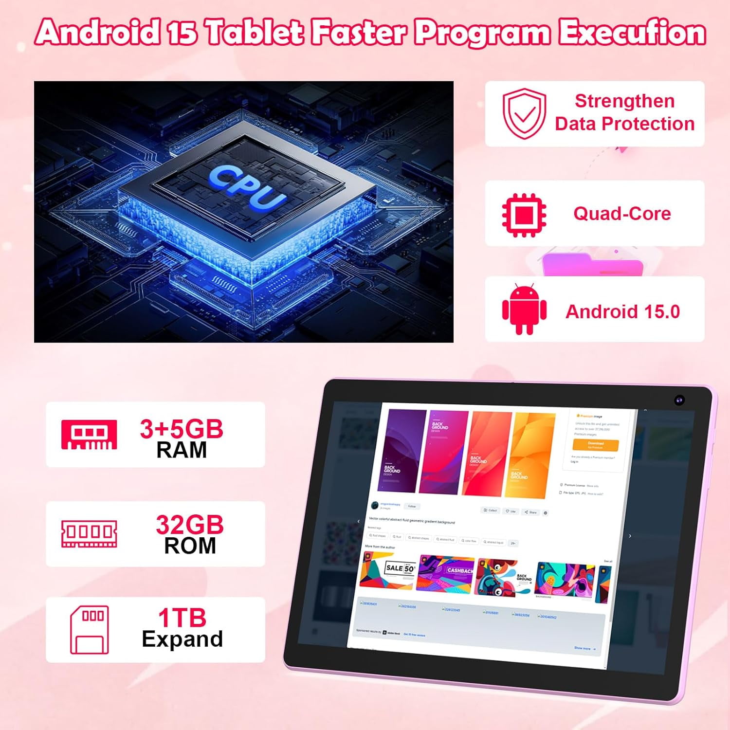 Android 15 Tablet 10 inch, 8GB RAM 32GB ROM Powerful Quad-core CPU, 1280*800 Resolution Screen Tablet, 8MP Camera, 6000mAh Battery Computer, 2 in 1 Tablets with Keyboard, Case, Mouse, Stylus Laptop