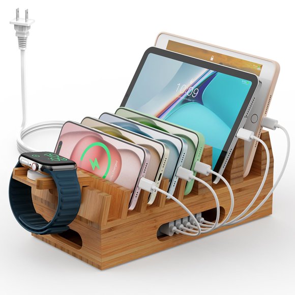 Pezin & Hulin Support de Station de Charge en Bambou avec Chargeur USB 5 Ports, Support de Montre, Organisateur de Dock en Bois pour Plusieurs Appareils, Téléphones, Tablettes