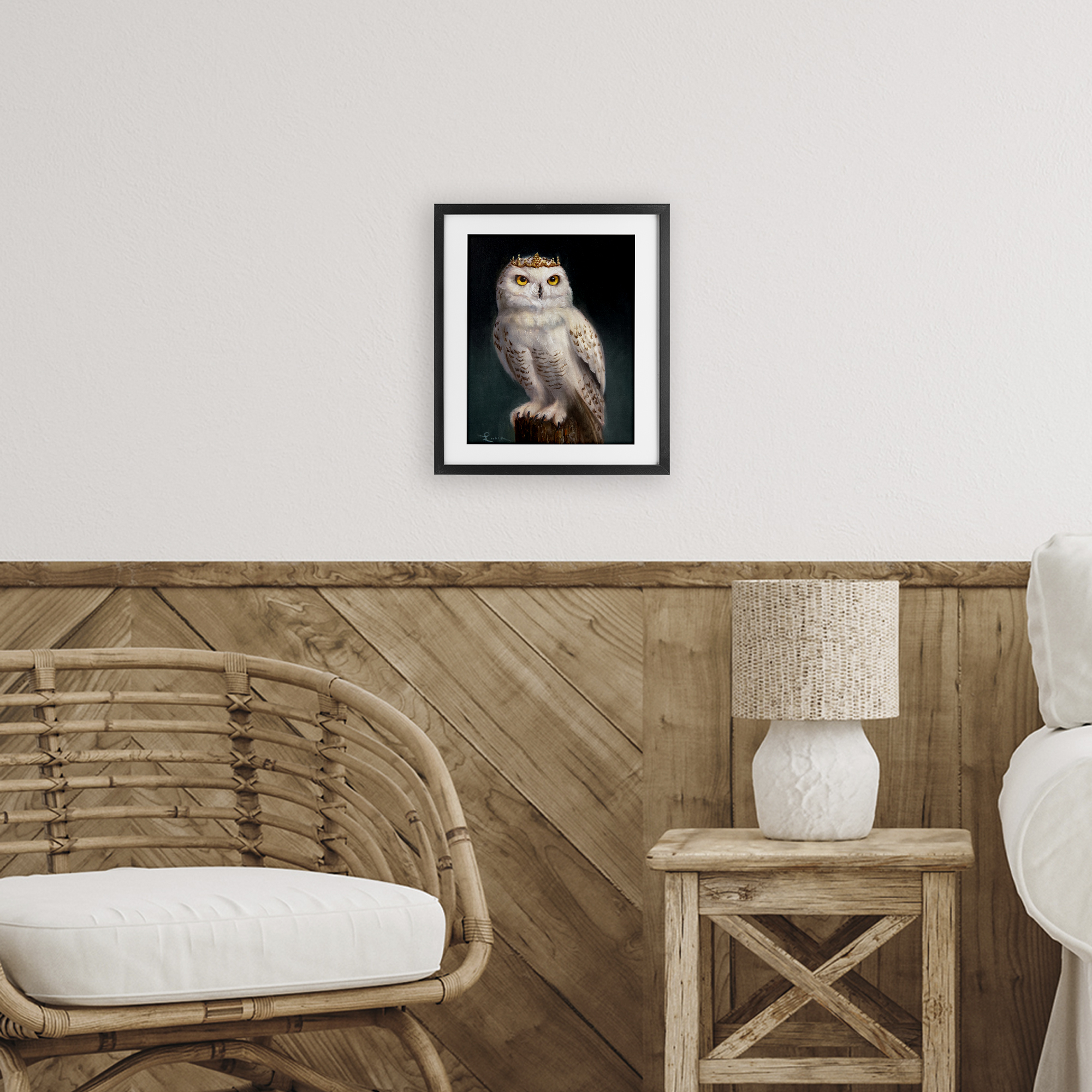 Snowy Owl King Black Framed Print Under Glass, design by Lucia Heffernan
