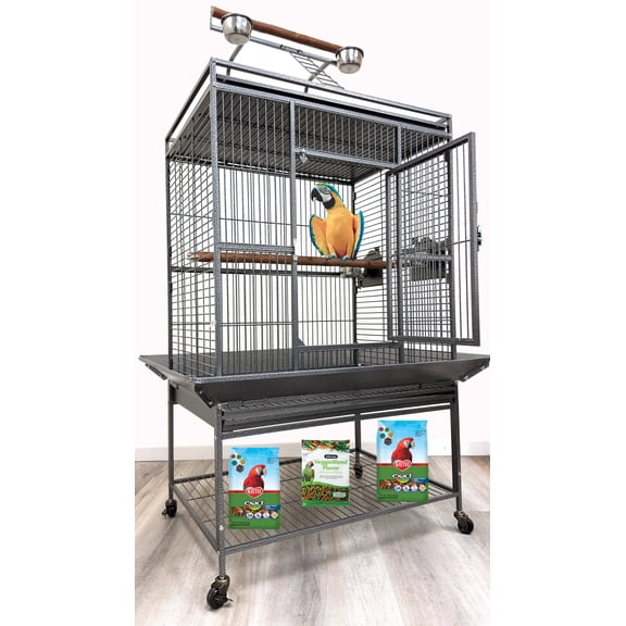 Extra Large 32" x 23" x 69"H Elegant and Durable Wrought Iron Double Ladders Open Play Top Bird Parrot Rolling Cage, Include Stainless Feed Cups Natural Wooden Stand Perch Seed Guard