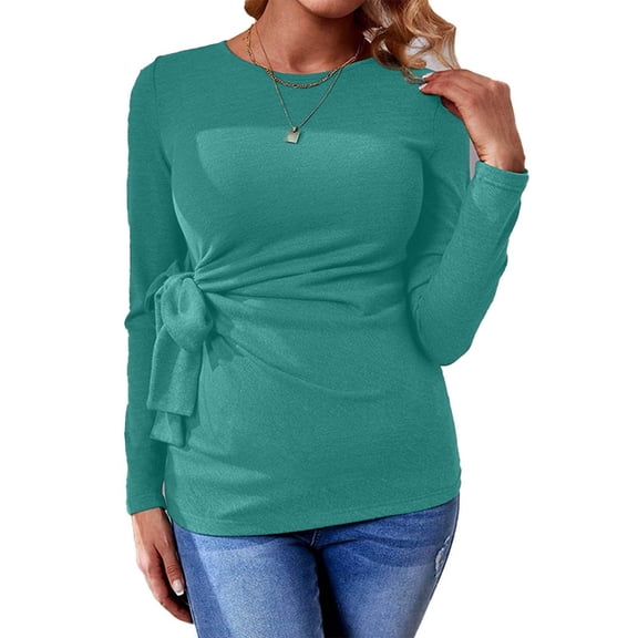 SELONE Women Maternity Shirts Long Wrap Belt Pregnant Pullover Crewneck Long Sleeve Tops Soild Outerwear