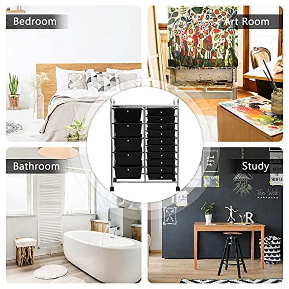 KOTEK 15-Drawer Rolling Storage Cart, Multipurpose Mobile Utility Cart with 4 Wheels, Home Office School Tools Scrapbook Paper Organizer (Yellow)