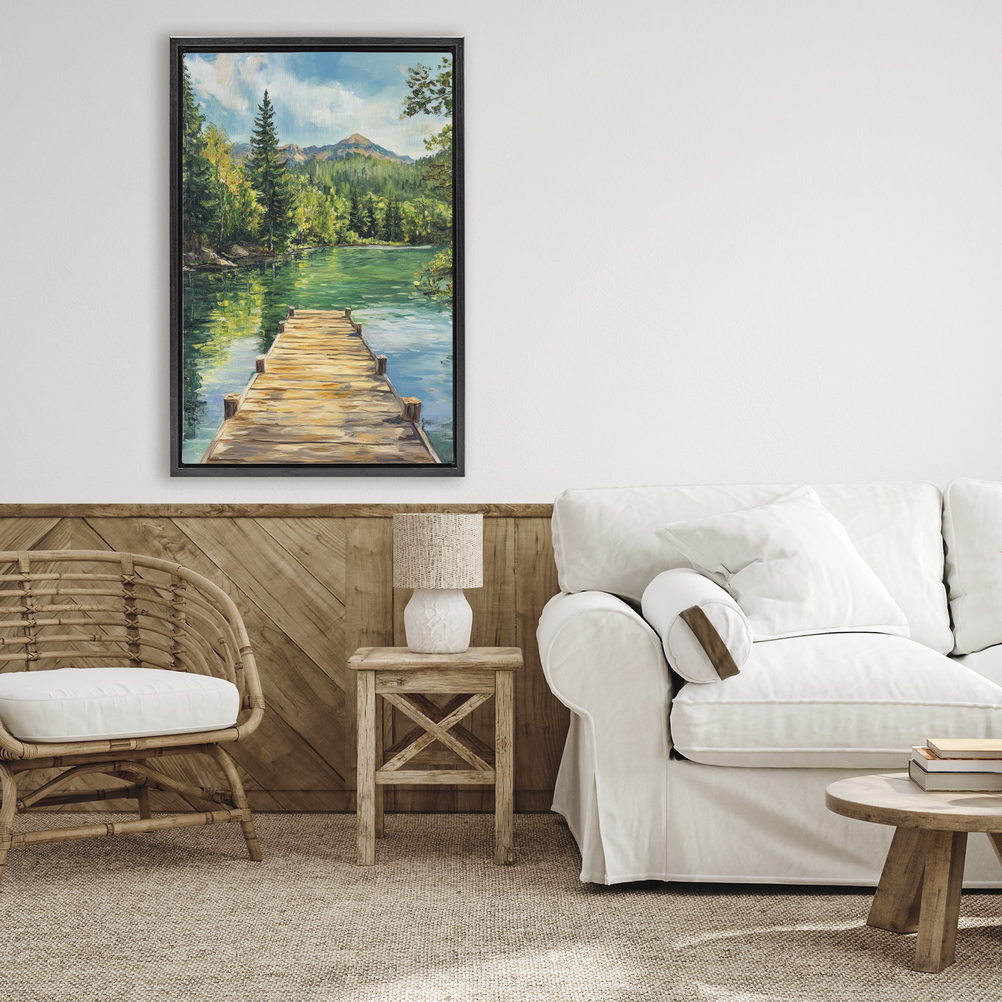 Stupell Industries Sunlit River Dock Black Framed Floater Canvas Wall Art, design by Petal Prints Design