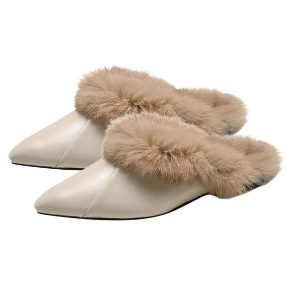 comerut Women Warm Non-Slip Flat Closed Pointed Toe Slip-on Mules Sandals Slippers Shoes