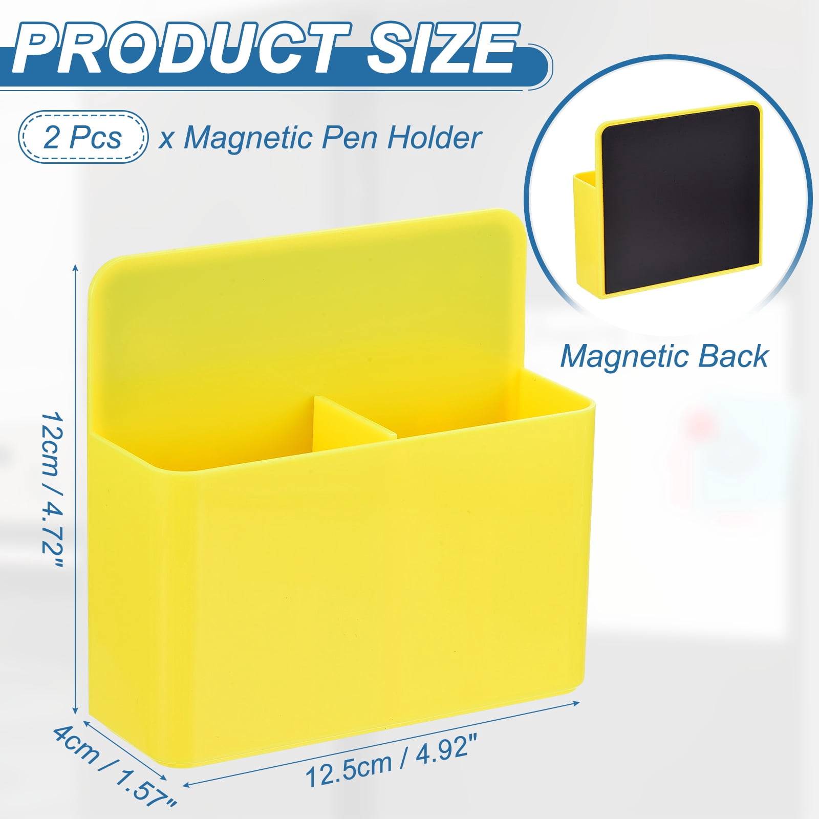 Uxcell 2pcs Magnetic Pen Marker Holders, 125x40mm Dry Erase Marker Pencil Holder Cup Organizer for Classroom Home Office Refrigerator Whiteboard Locker, Yellow, 4.7x4.9x1.6"