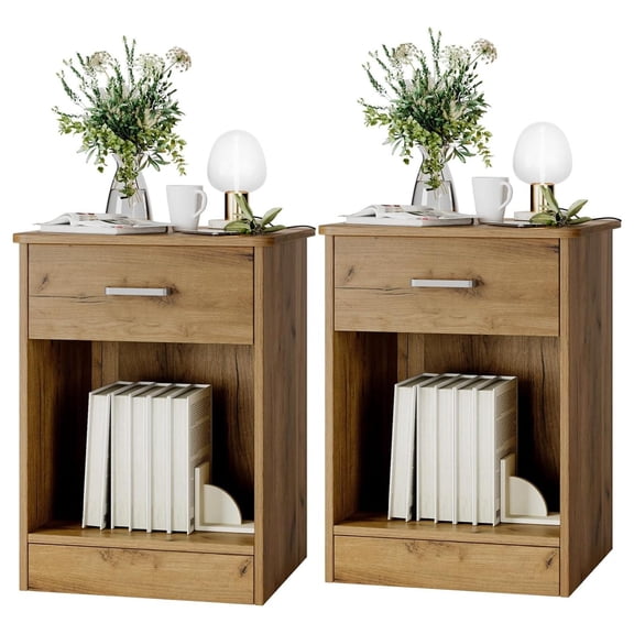 Nightstand Set of 2, 2-Tier Side Table with Drawer and Storage Shelf, Bedside Table End Table, Modern Night Stand for Bedroom, Home Office,Wooden Grain