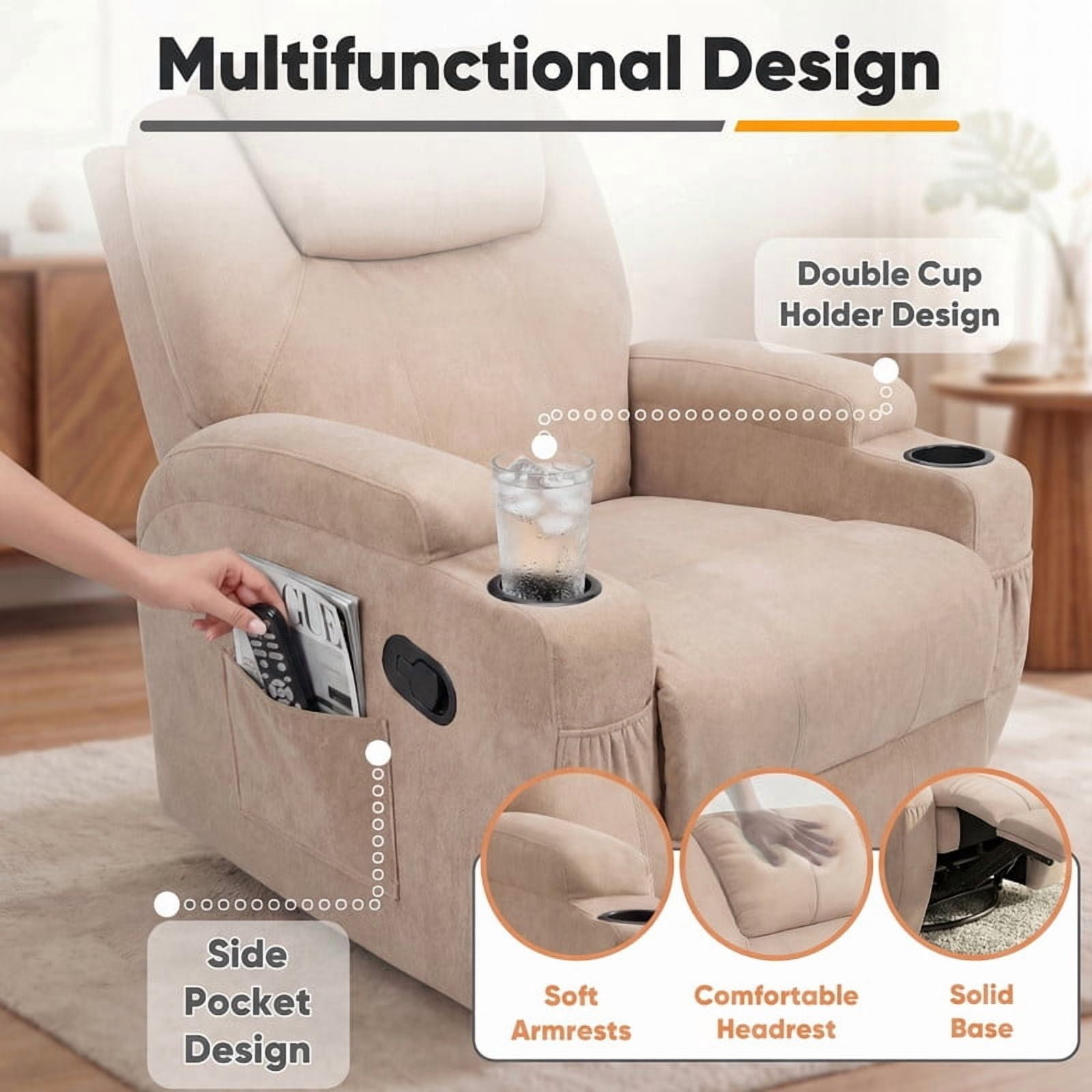 Lacoo PU Leather Swivel Rocker Recliner with Massage for Living Room Small Spaces Lounge Recliner Chair with Side Pockets for Adults,Linen Beige