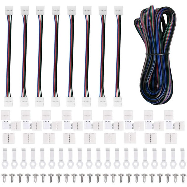 5050 4 Pin Led Strip Connector Kit, 10mm RGB LED Light Connector Includes LED Strip Jumper, 32.8FT Strip Light Extension Cable, L Shape Solderless Connectors, Gapless Connectors, LED Strip Cli