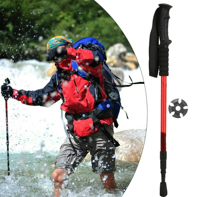 Alpenstock, Perche Télescopique de Randonnée à Trois Sections en Alliage d'Aluminium pour Activités de Plein Air Rouge 58-110 cm