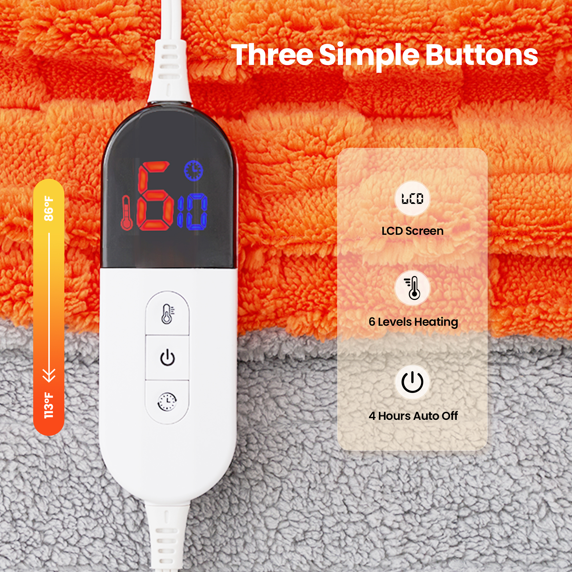 Naipo Heated Blanket Throw 50x60inch Electric Blanket with 6 Heat Settings and 1-4H Auto off Timer, Machine Washable Soft Flannel Fleece Blanket for Couches, Beds for Home Office Use (Orange)