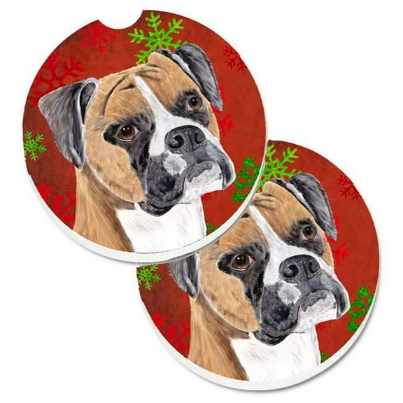 Boxer Red & Green Snowflakes Holiday Christmas Set of 2 Cup Holder Car Coaster