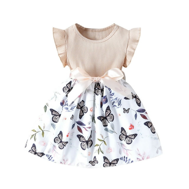Robe d'Été pour Fille, Robe Tricotée Sans Manches pour Tout-Petit avec Imprimé Papillon, Robe Décontractée à Col Rond Longueur Genou pour Enfants, Tenue Quotidienne et Jeu