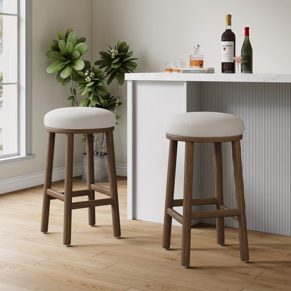 Christopher Knight Home 27.3" Round Backless Bar Stools, Walnut Wood Frame with Beige Fabric Seats, Set of 2