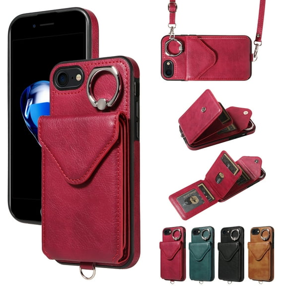 Dteck Crossbody Wallet Case for iPhone SE 2022/SE 2020/7/8 with Card Holder, PU Leather Case with Shoulder Strap, Purse Shockproof Flip Cover for iPhone 8/7/SE3/SE2 4.7 Inch,Red
