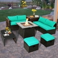 thumbnail image 2 of Topbuy 9 Pieces Outdoor Patio Furniture Set with 35-Inch Propane Fire Pit Table PE Wicker Sectional Sofa Set with Storage Box and Cushions Turquoise, 2 of 10