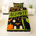 thumbnail image 3 of Feelyou Spooky Cat Pumpkin Twin Sheets, Cartoon Bat Spider Bedding, Black Green, 3pcs, 1 Flat Sheet, 1 Fitted Sheet and 1 Pillowcase, 3 of 5