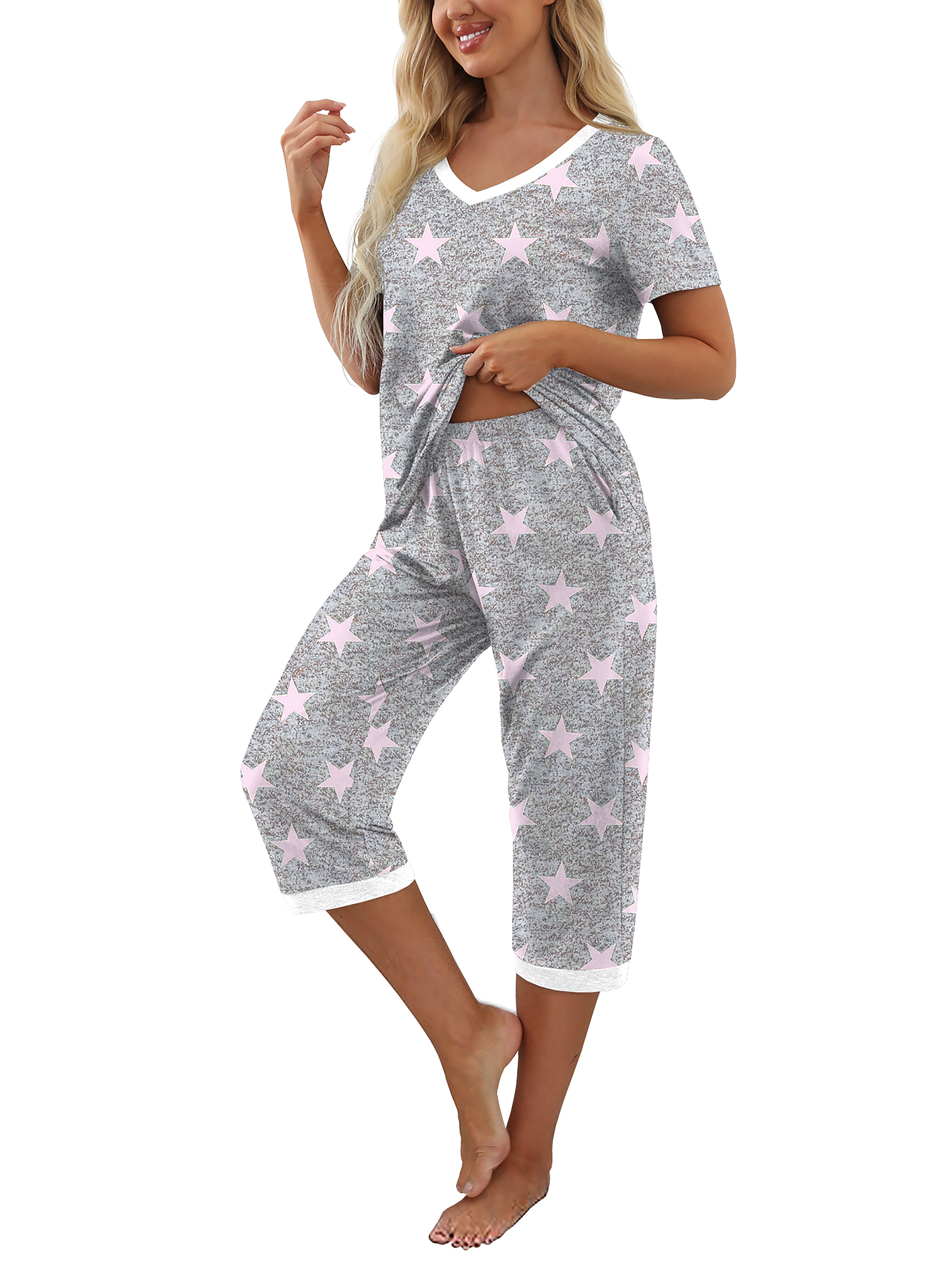 MINTREUS Women's Short Sleeve Pajama Set with Capri Pants photo 2