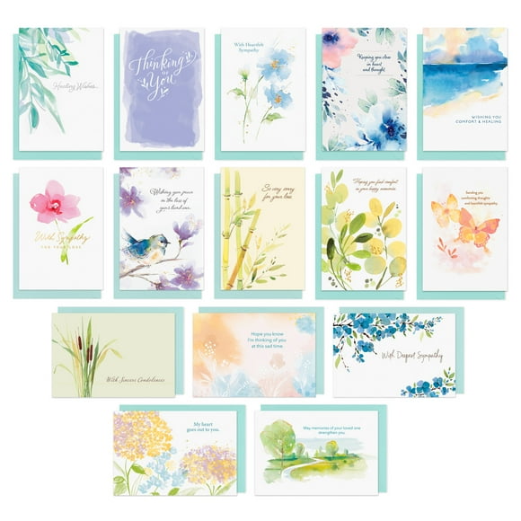 American Greetings - Assortiment de 15 cartes de condoléances avec enveloppes et cachets (Nature en aquarelle)