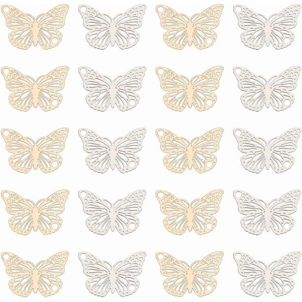 80 piezas de dijes de mariposa de filigrana de 2 colores, colgantes de mariposa de latón, colgantes de mariposa de plata dorada