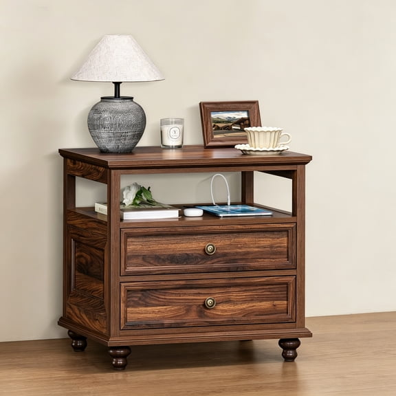 LELELINKY 24" Farmhouse Nightstand with Charging Station, 2-Drawer Wood Bedside Table for Bedroom, Living Room, Brown
