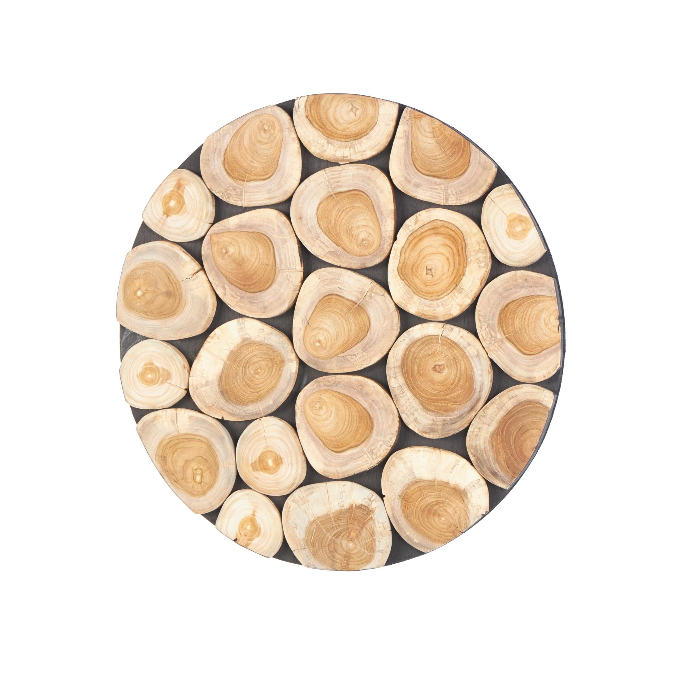 DecMode Brown Teak Wood Handmade Round Mosaic Inspired Wood Slab Abstract Wall Decor with Black Backing