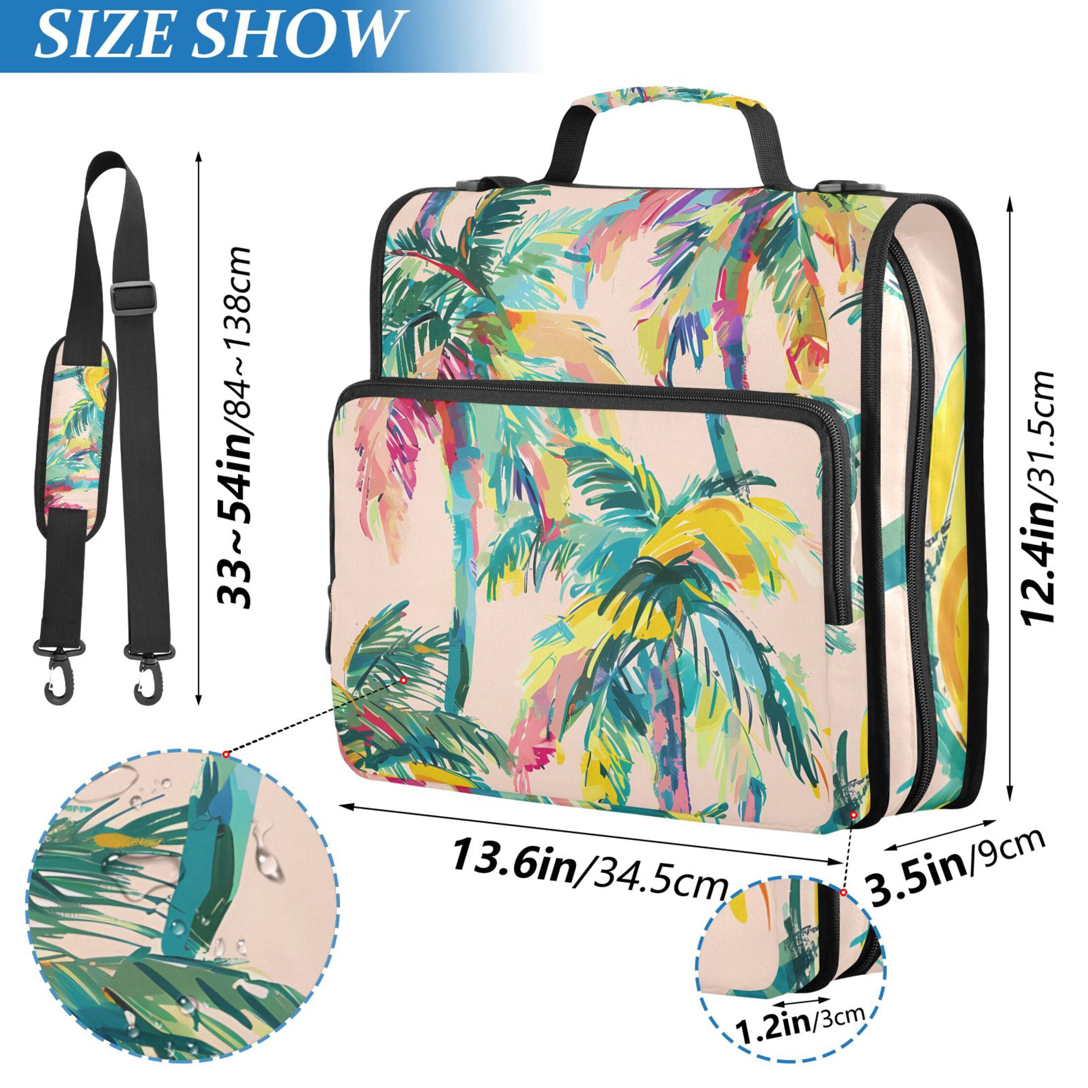 3 Ring Zipper Binder with Shoulder Strap Waterproof Trapper Keeper 2 Inch D-Ring 500 Sheets Capacity Hand Painted Palm Tree