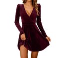thumbnail image 4 of Byworldtasic Women's V Neck Velvet Midi Dress Long Sleeve Formal Cocktail Dress High Waist A-Line Flowy Dress for Wedding Guest, 4 of 8