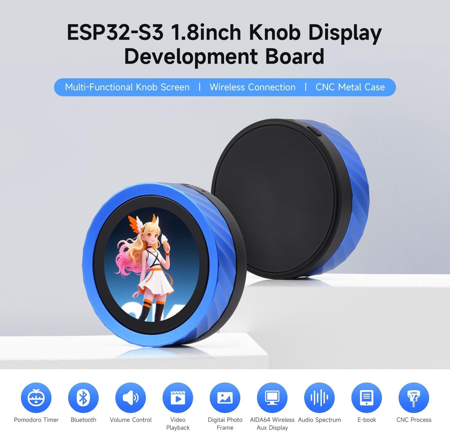 ESP32-S3 1.8inch Knob Display Development Board, Multi-Functional Knob Screen, Capacitive Touch, 2.4GHz Wi-Fi and Bluetooth Wireless Connection, No BAT