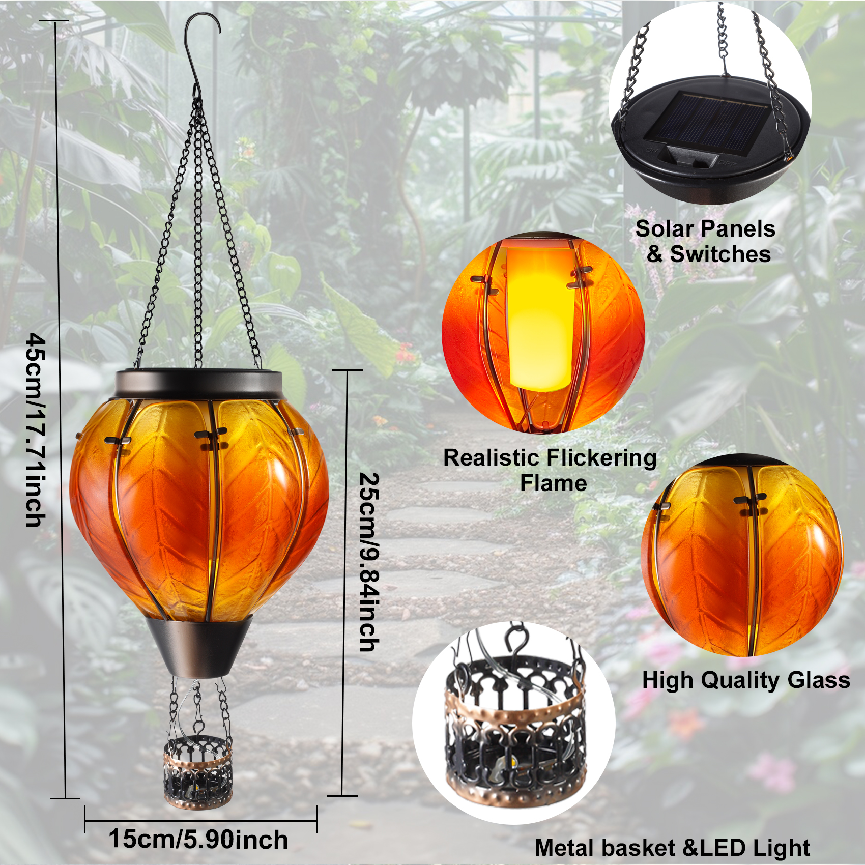 Smart Garden Solar LED Hot Air Balloon Lantern – 45cm, Rainbow Flame Effect, Hanging, Weatherproof, Dusk-to-Dawn