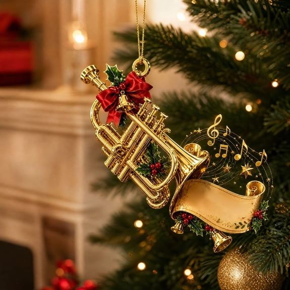 Trumpet Christmas Hanging Ornament with Red Bow and Gold Details, 8 cm